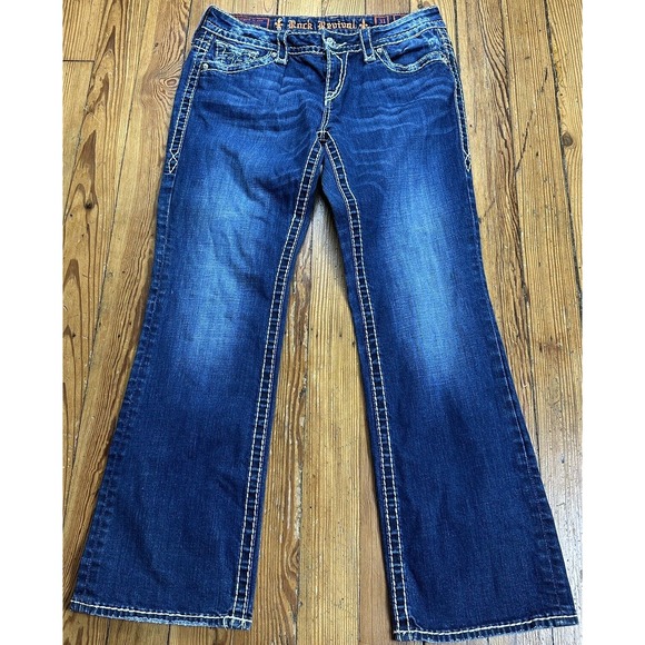 Rock Revival Jeans Womens 31 Eva Boot Cut Dark Wash Denim Thick Stitch‎ Jean - Picture 1 of 15